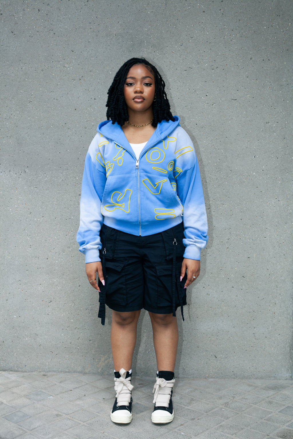 Sky Blue Embroidery Zip Hoodie